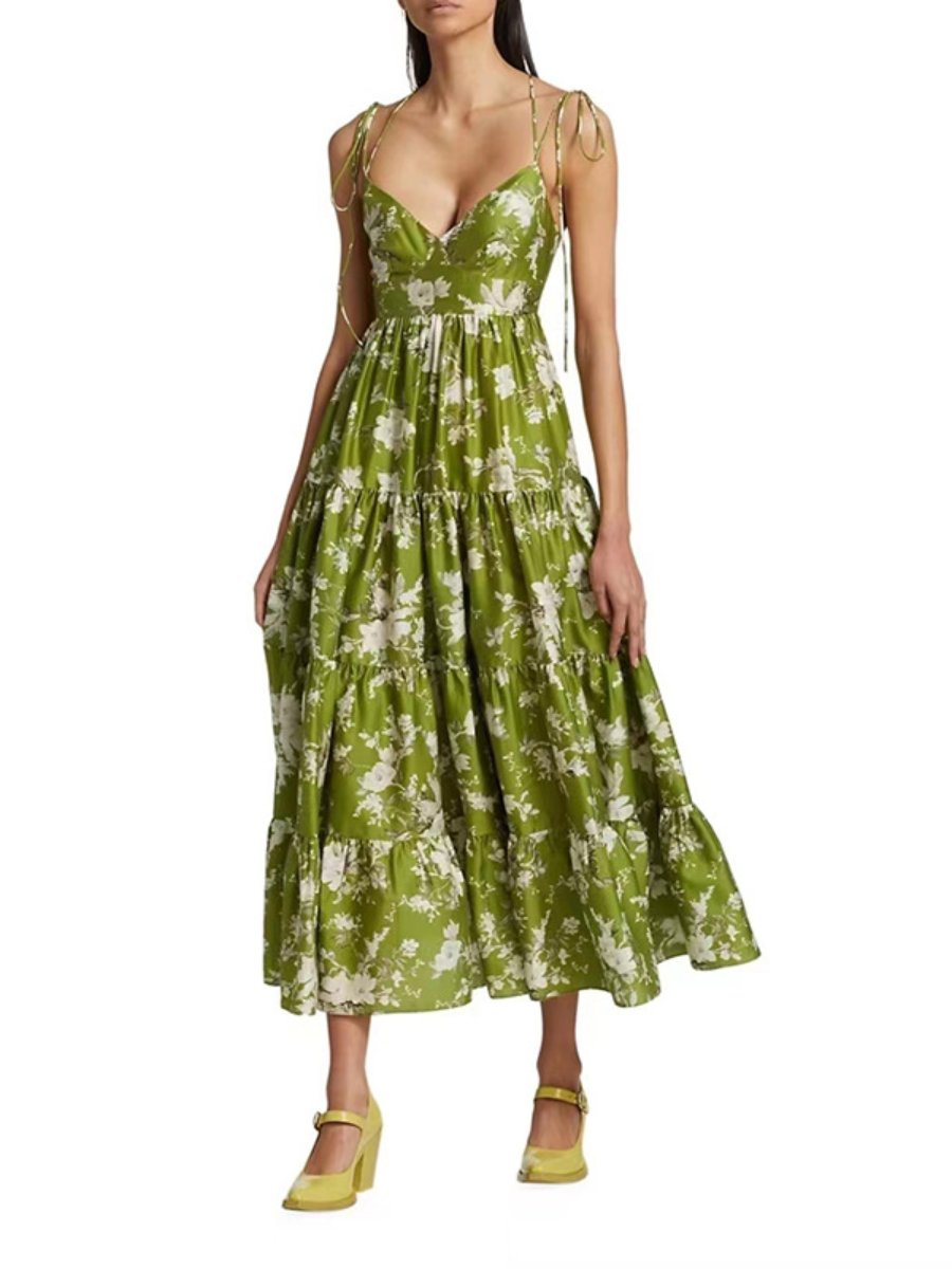 V-Neck Sexy Strap Print Midi Dress