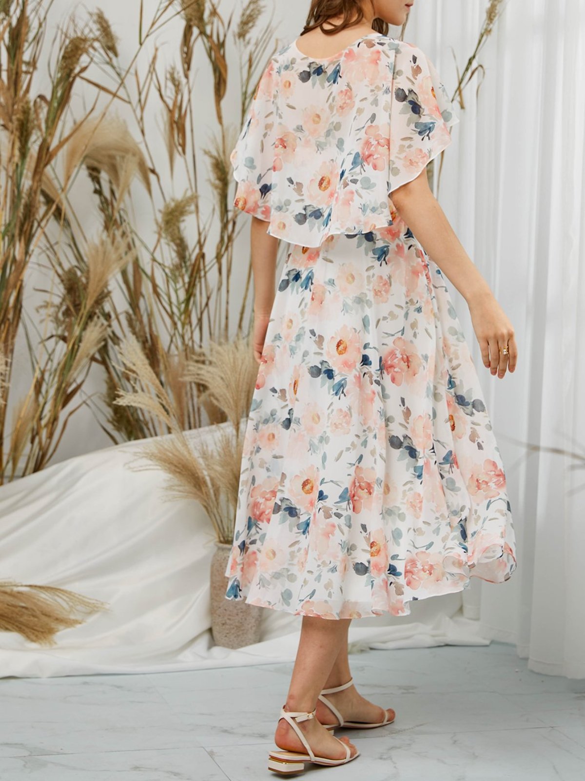 Cap Sleeves V Neck Print Floral Peach Formal Party Midi Dress