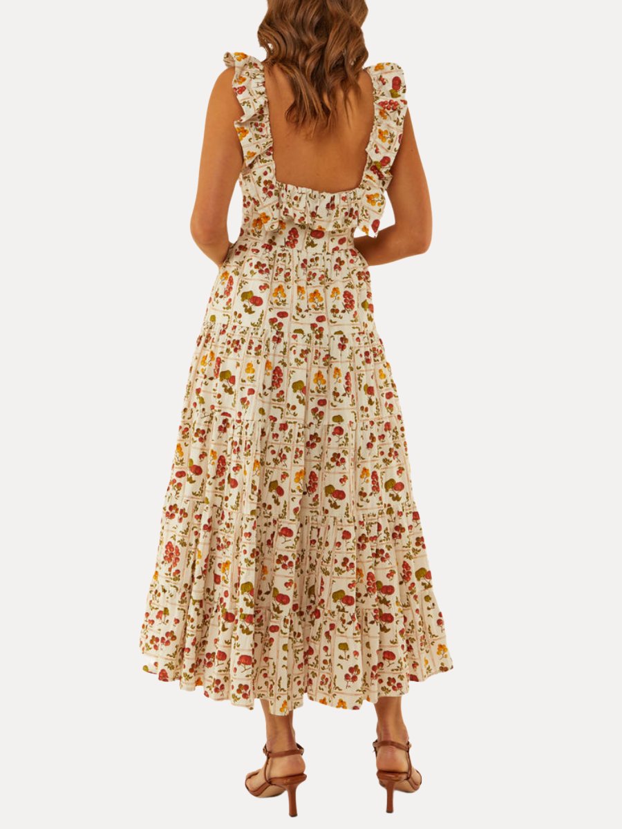 Fruit Print Frill Straps Midi Dress