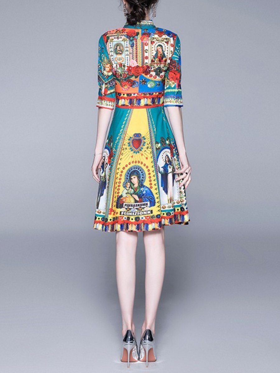 Vintage Religious Print A-Line Mini Dress