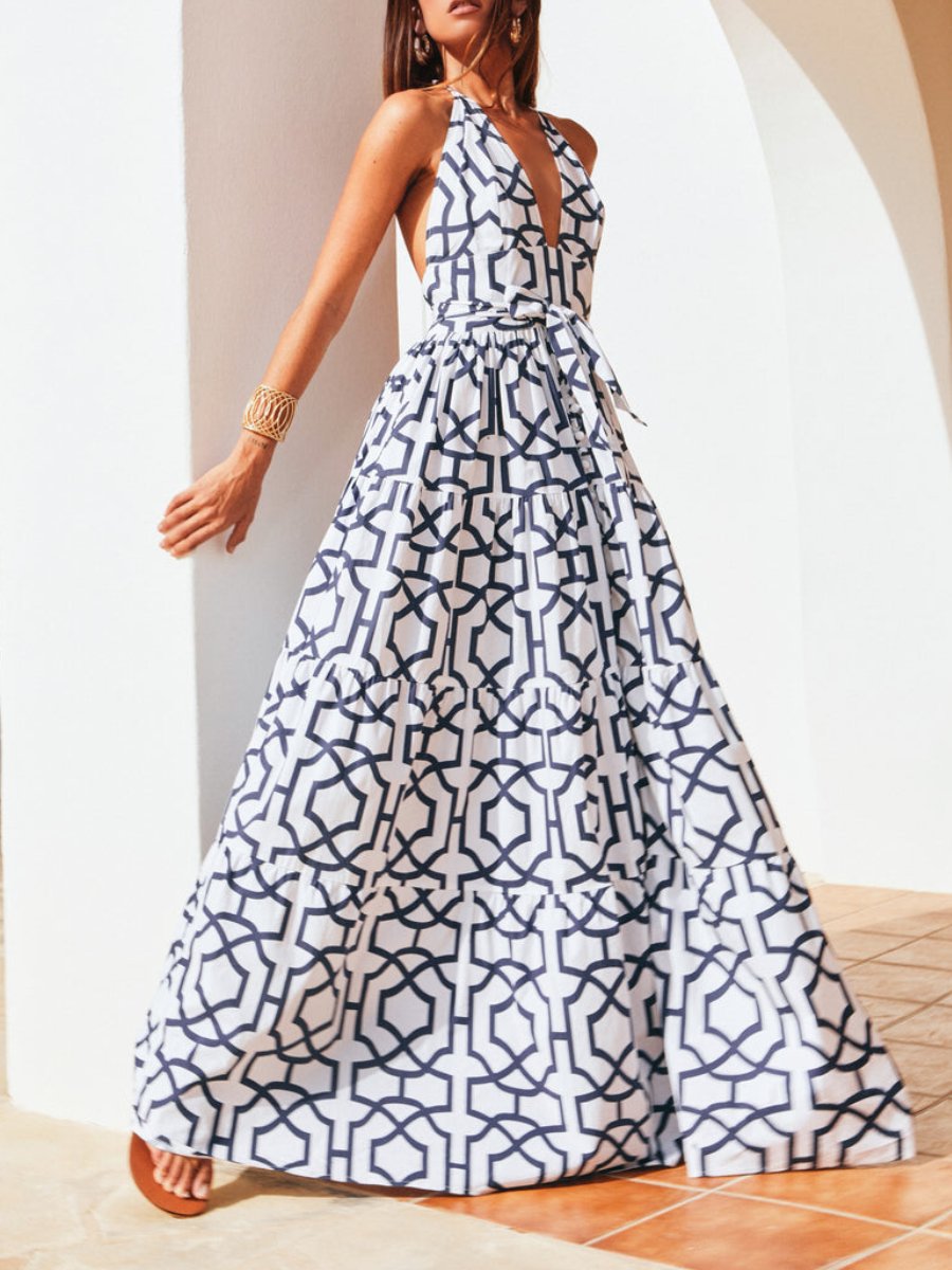 Tile Print  V-Neck Maxi Dress