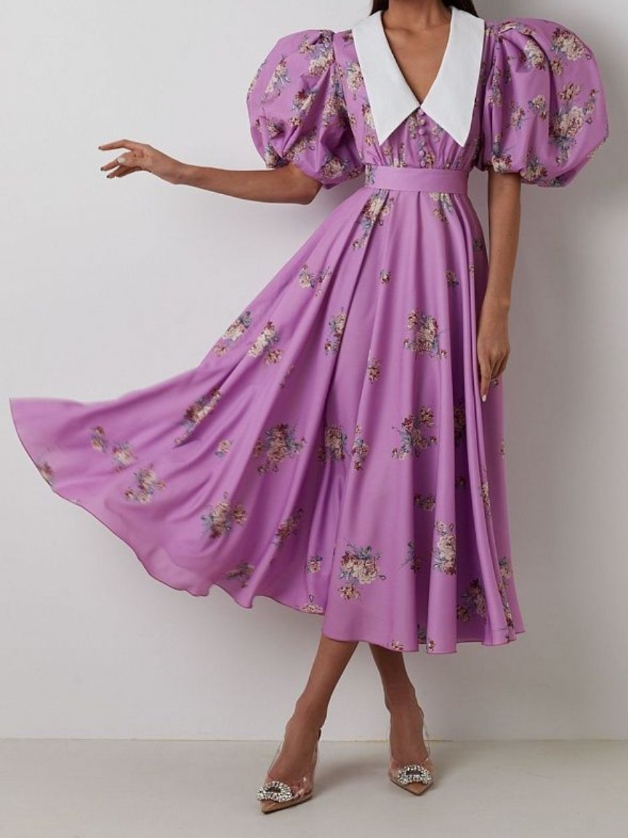 Bubble Sleeve Floral Print Midi Dress