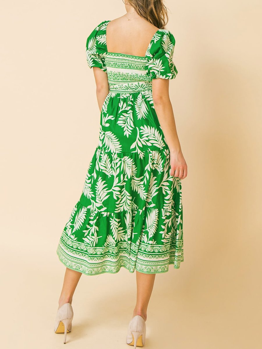 Vestido midi de manga corta con estampado de hojas frescas verde