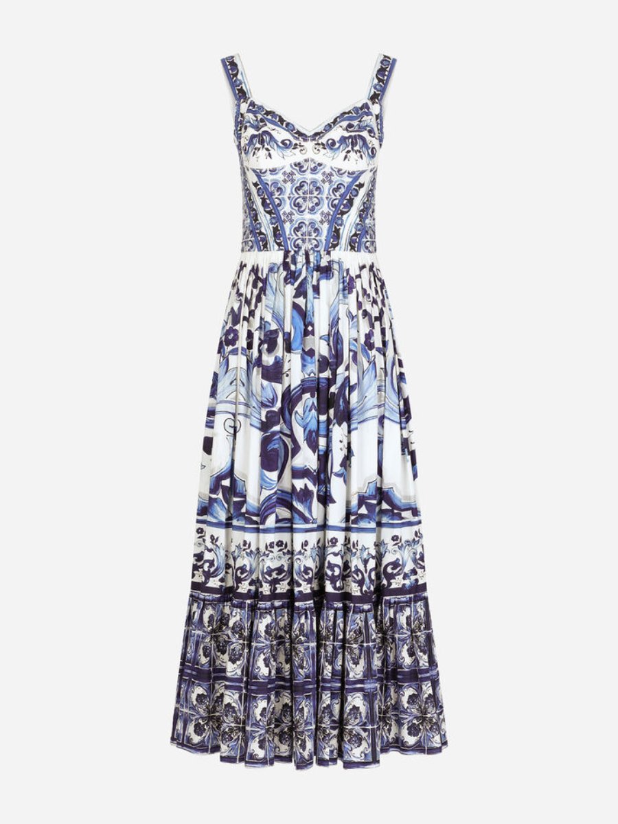 Blue Majolica Porcelain Print Midi Dress